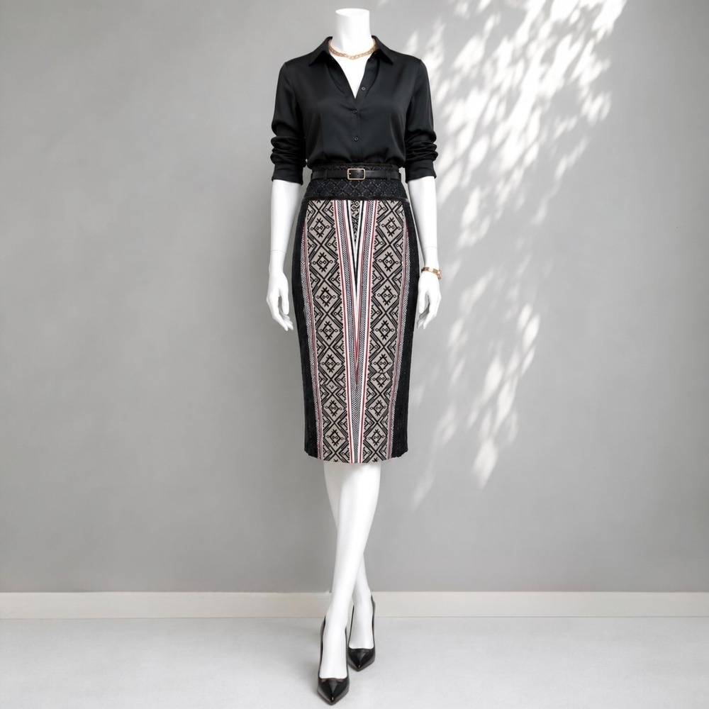 Byron Lars Beauty Mark Pencil Skirt 4 Black Lace Tribal  Retro Business Casual